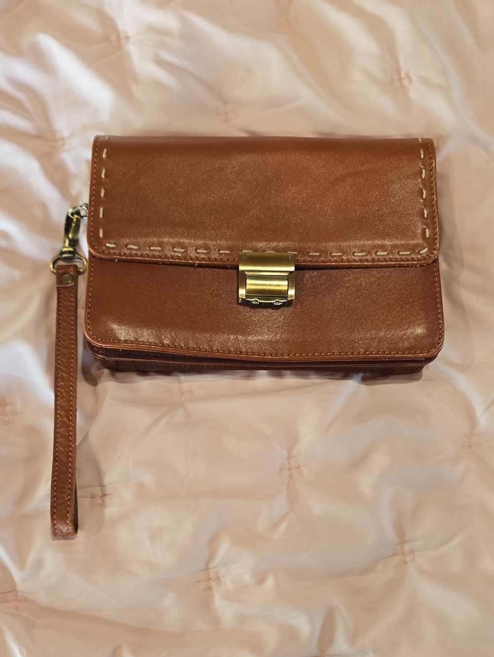 Leather Wristlet Clutch in Brown with Gold Hardware